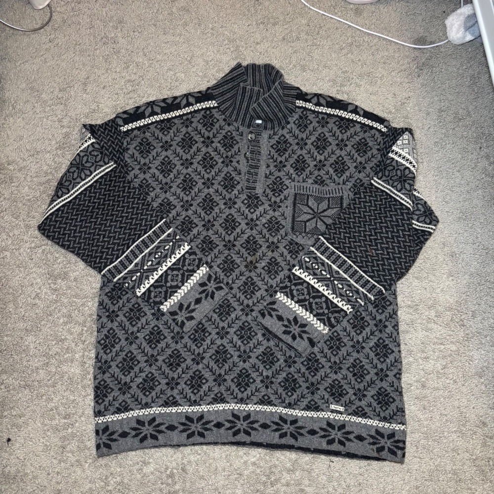 Steffner Sport Men XL Wool Blend Nordic Fair Isle Henley Sweater Made in Austria